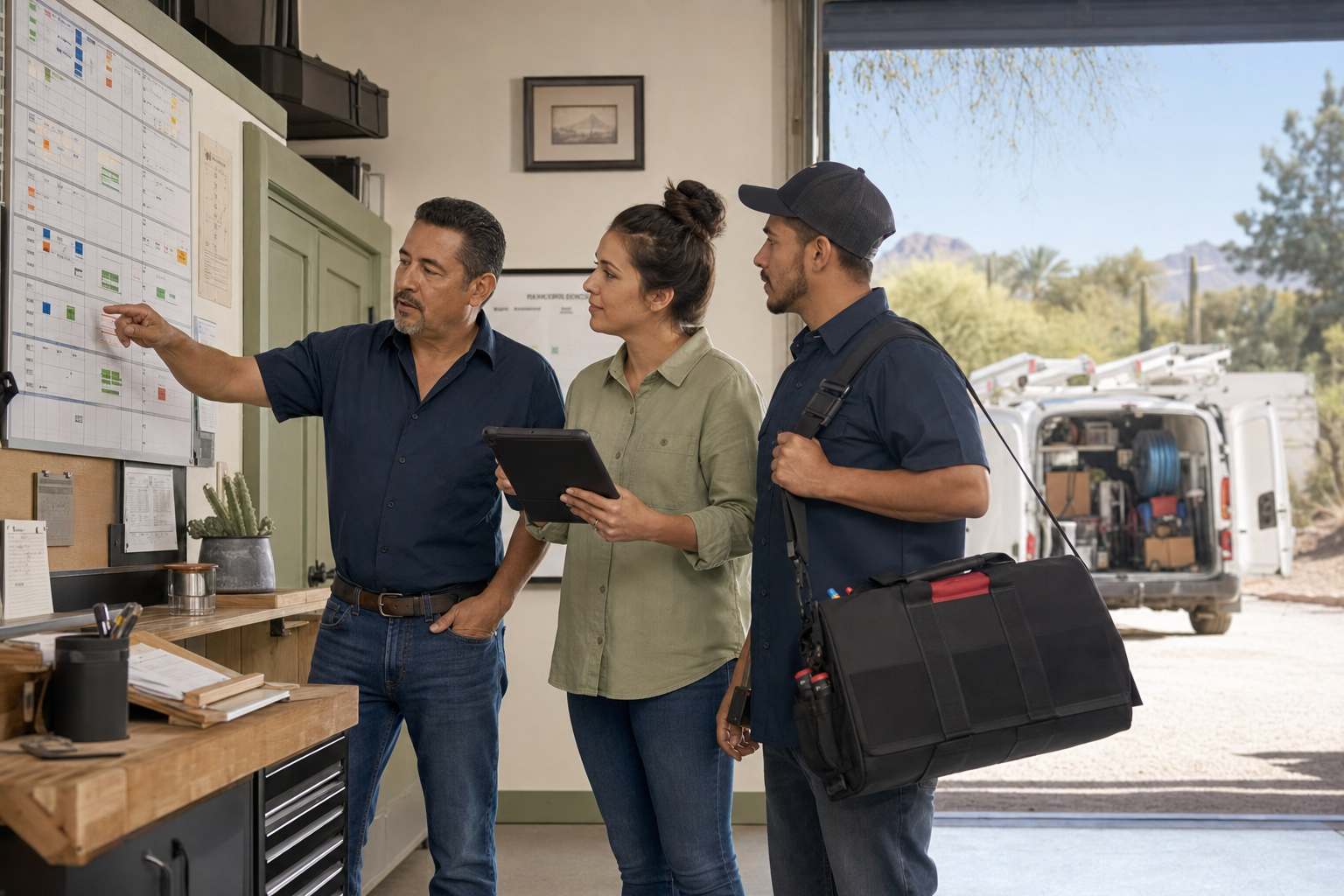 Owner, coordinator and technician organizing scheduled work