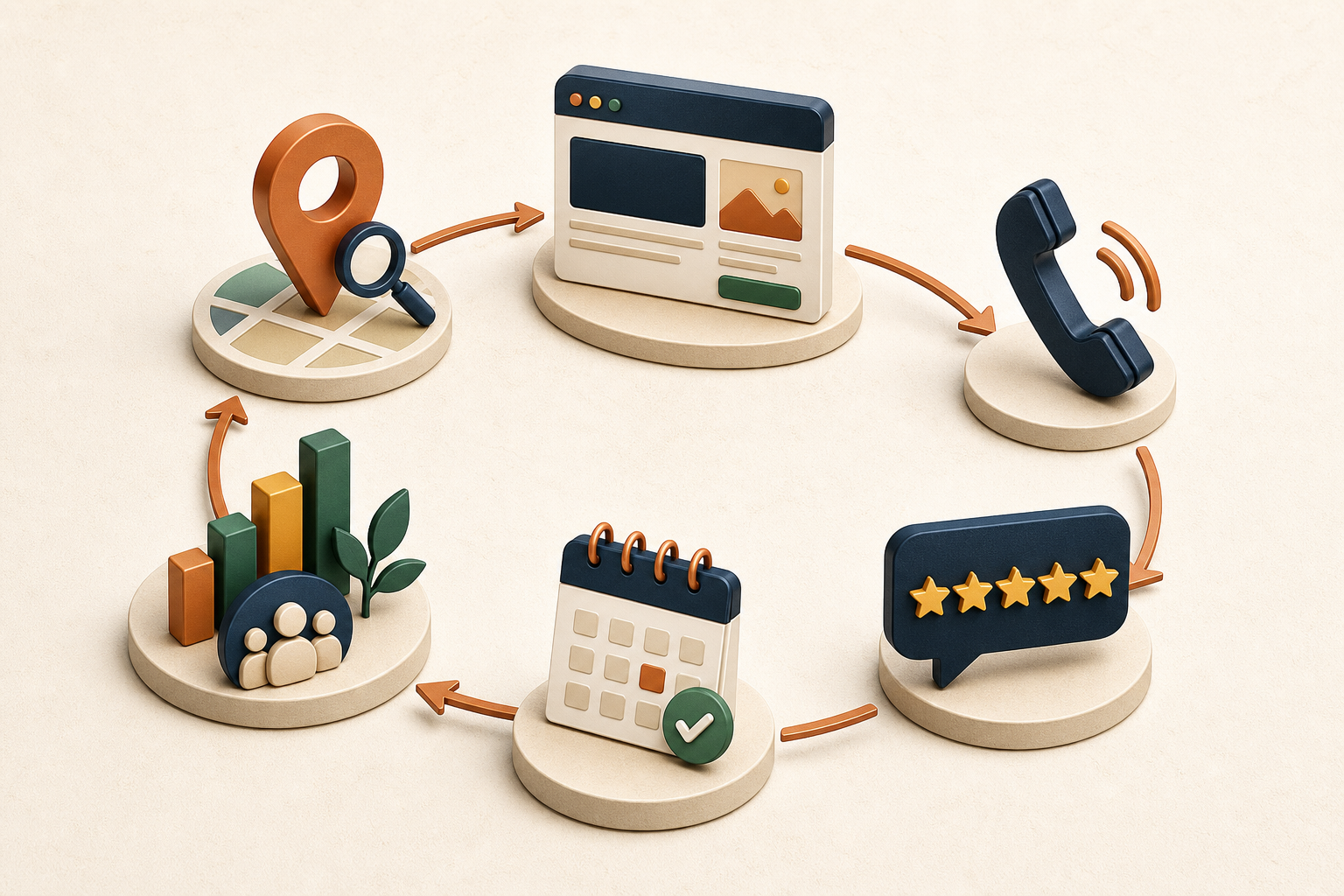 Connected local growth system linking search visibility, website visits, calls, reviews, appointments and revenue